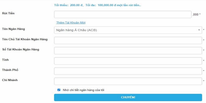 Điền số tiền mình muốn rút từ tài khoản SV288